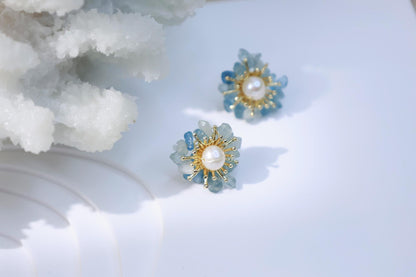 Aquamarine & Pearl Miniature Flower Studs