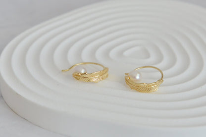 Sterling Silver Feather & Pearl Hoops