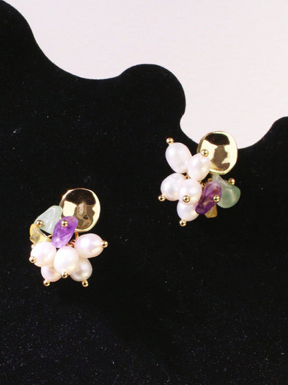 Freshwater Pearl & Mixed Gemstone Studs – Gold Plated Amethyst & Citrine (2cm)