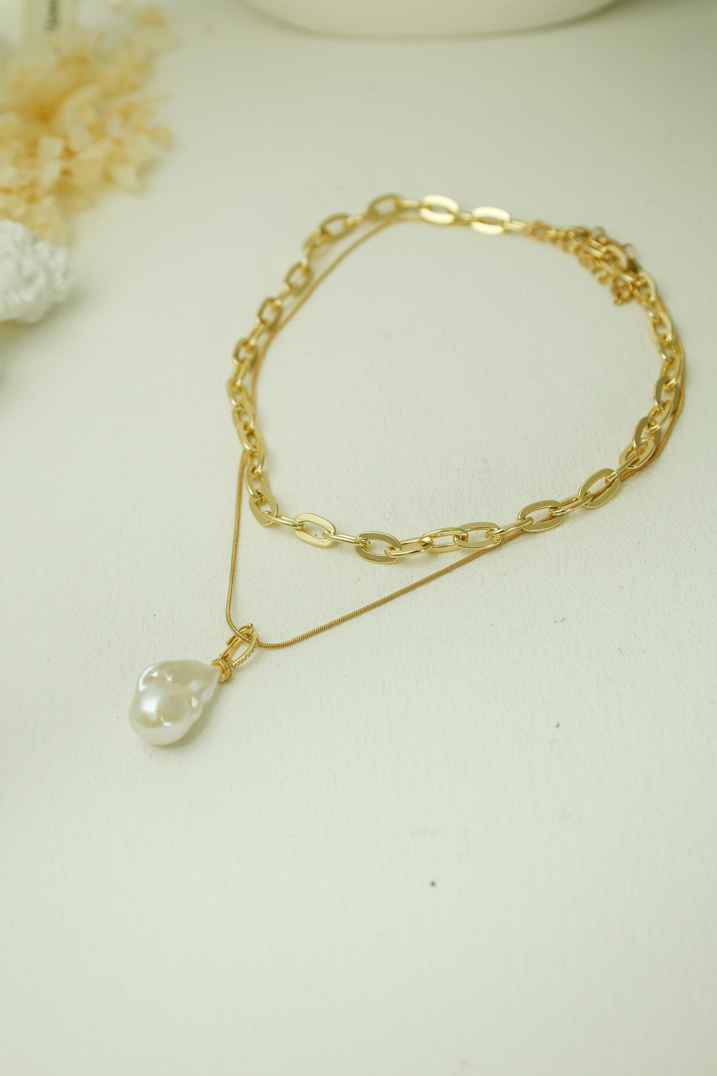 Chunky Layered Chain & Baroque Pearl Necklace