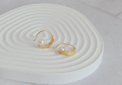 Sterling Silver Feather & Pearl Hoops