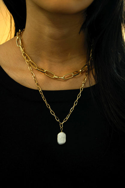 Chunky Layered Chain & Baroque Pearl Necklace
