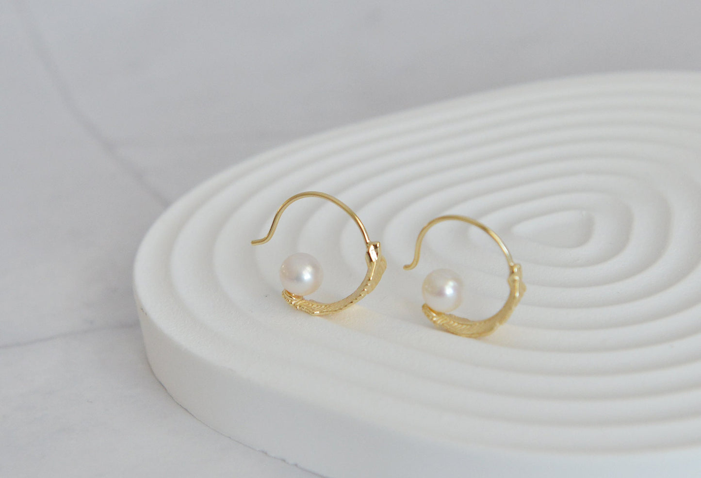 Sterling Silver Feather & Pearl Hoops