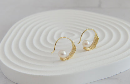 Sterling Silver Feather & Pearl Hoops