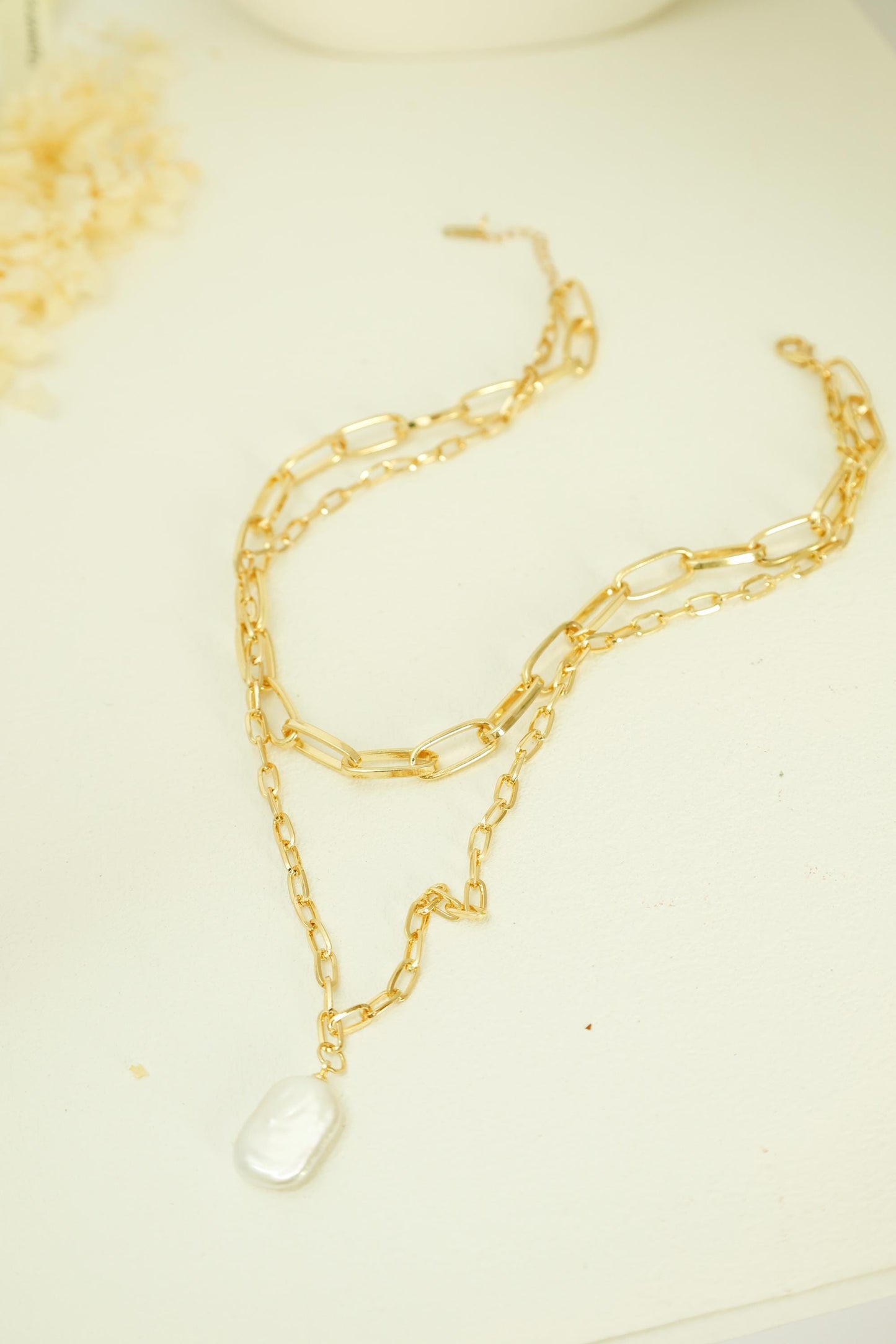 Chunky Layered Chain & Baroque Pearl Necklace