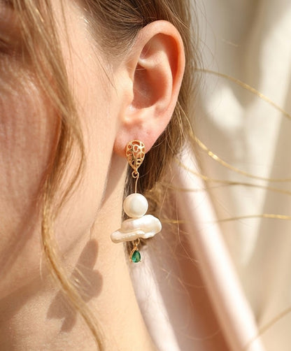 Green Zircon Baroque Pearl Drop Earrings – Artistic Gold Plated Statement Dangles