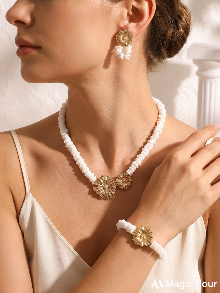 Summer Daisy Shell Jewelry Set – Beaded Necklace, Bracelet & Earrings
