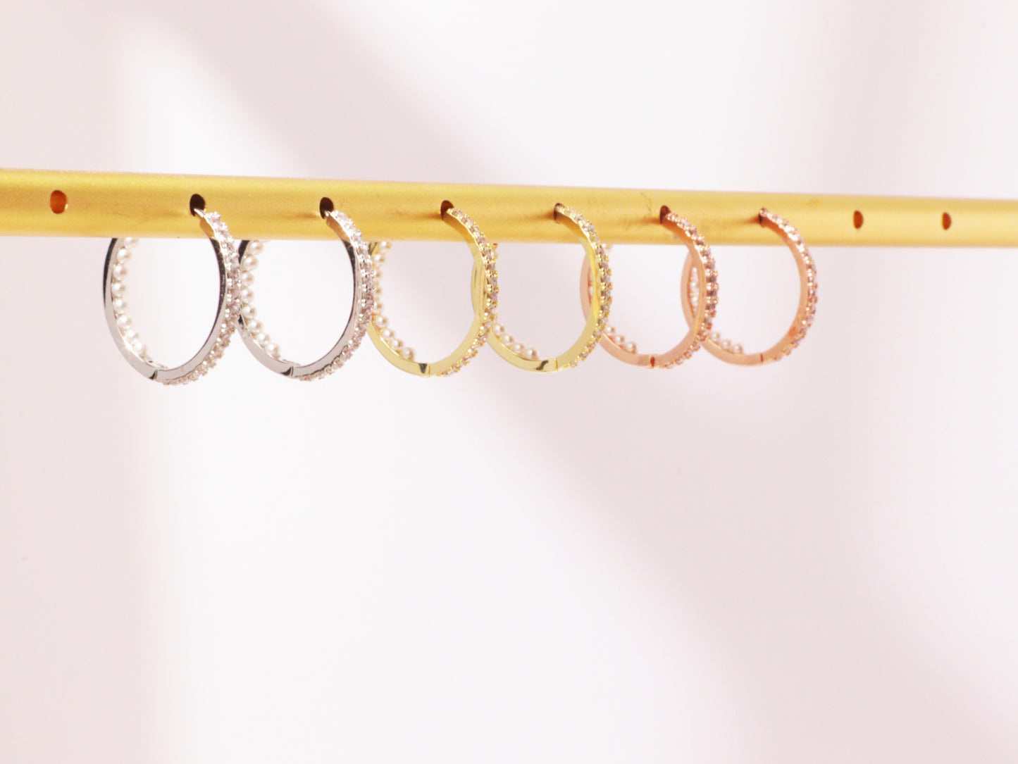 Pavé Zircon & Pearl Hoop Earrings – Silver, Gold & Rose Gold