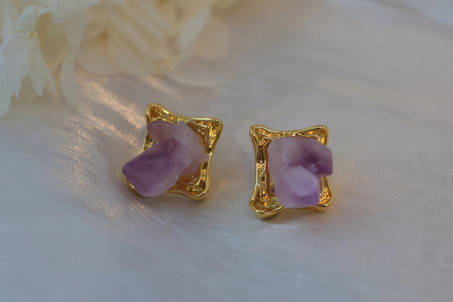 Handmade natural amethyst picture frame design earrings/vintage style