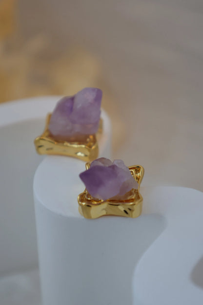 Handmade natural amethyst picture frame design earrings/vintage style