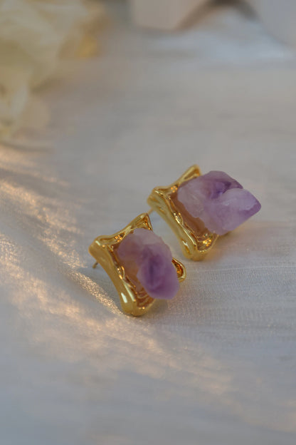 Handmade natural amethyst picture frame design earrings/vintage style