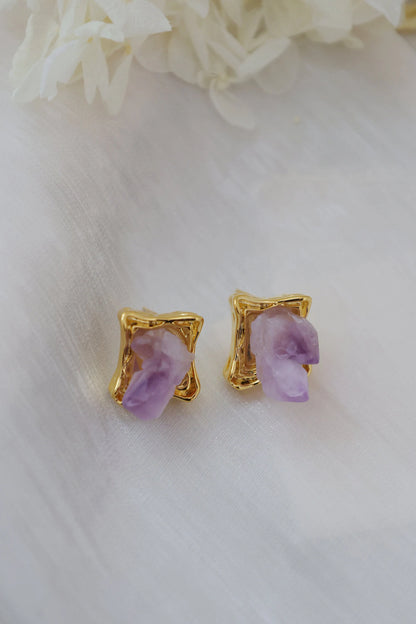 Handmade natural amethyst picture frame design earrings/vintage style