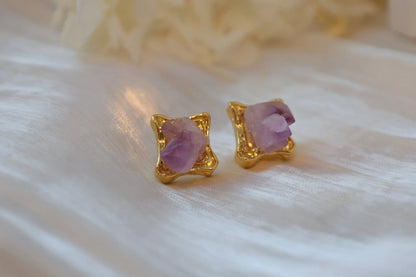 Handmade natural amethyst picture frame design earrings/vintage style