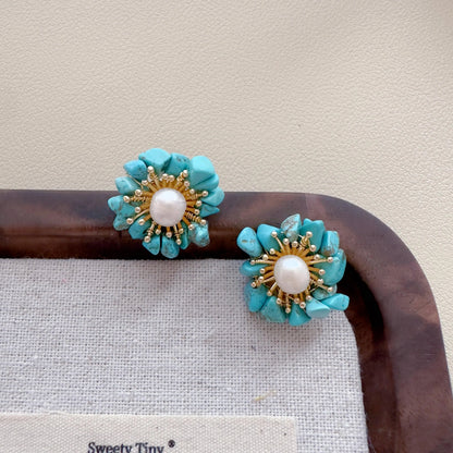 Turquoise /Purple Crystal Pearl Stud Earrings – Natural Chip Stone