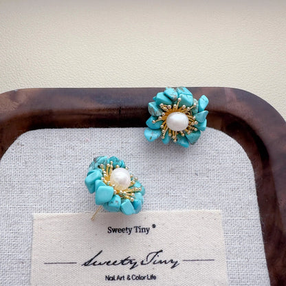 Turquoise /Purple Crystal Pearl Stud Earrings – Natural Chip Stone