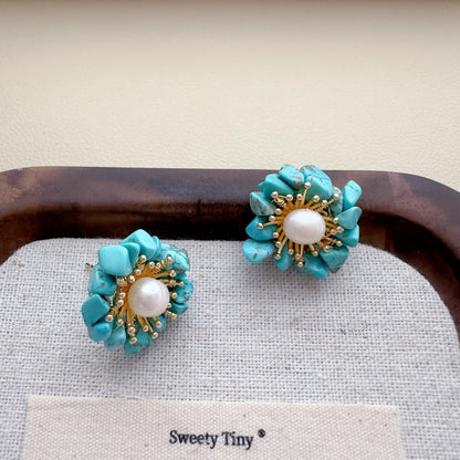 Turquoise /Purple Crystal Pearl Stud Earrings – Natural Chip Stone