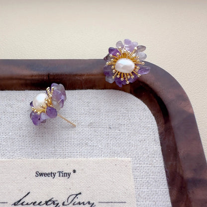 Turquoise /Purple Crystal Pearl Stud Earrings – Natural Chip Stone