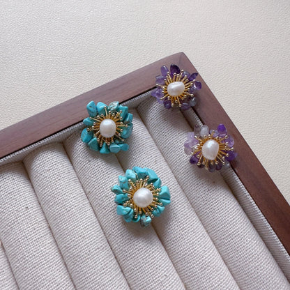 Turquoise /Purple Crystal Pearl Stud Earrings – Natural Chip Stone