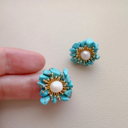 Turquoise /Purple Crystal Pearl Stud Earrings – Natural Chip Stone