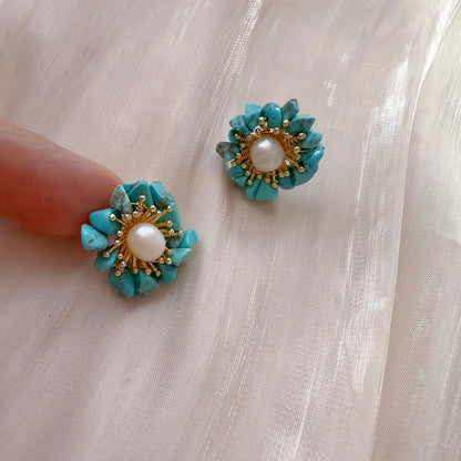Turquoise /Purple Crystal Pearl Stud Earrings – Natural Chip Stone
