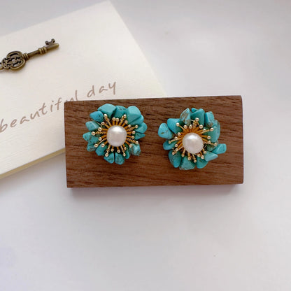 Turquoise /Purple Crystal Pearl Stud Earrings – Natural Chip Stone