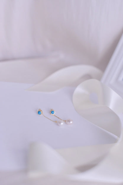 Handmade Turquoise freshwater pearl drop Earring/Exquisite Minimalist