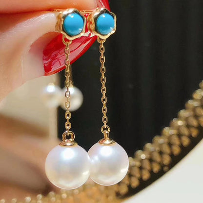 Handmade Turquoise freshwater pearl drop Earring/Exquisite Minimalist
