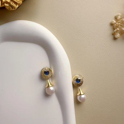 Handmade Gold Lapis Lazuli Pearl Drop Earrings - Crafted with Brass