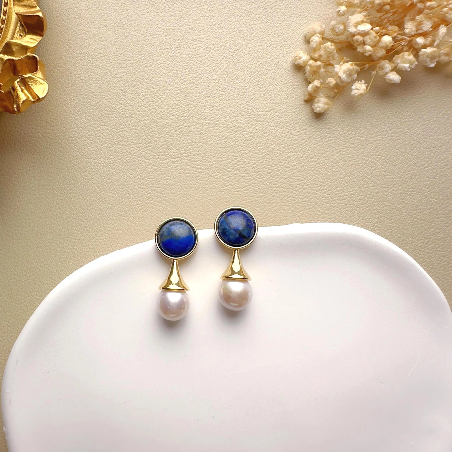 Handmade Gold Lapis Lazuli Pearl Drop Earrings - Crafted with Brass