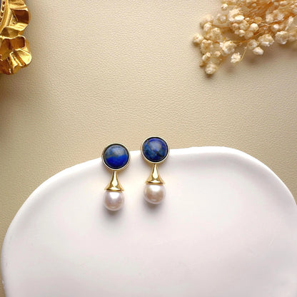 Handmade Gold Lapis Lazuli Pearl Drop Earrings - Crafted with Brass