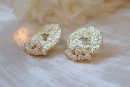 Gold Foil & Rice Pearl Statement Earrings