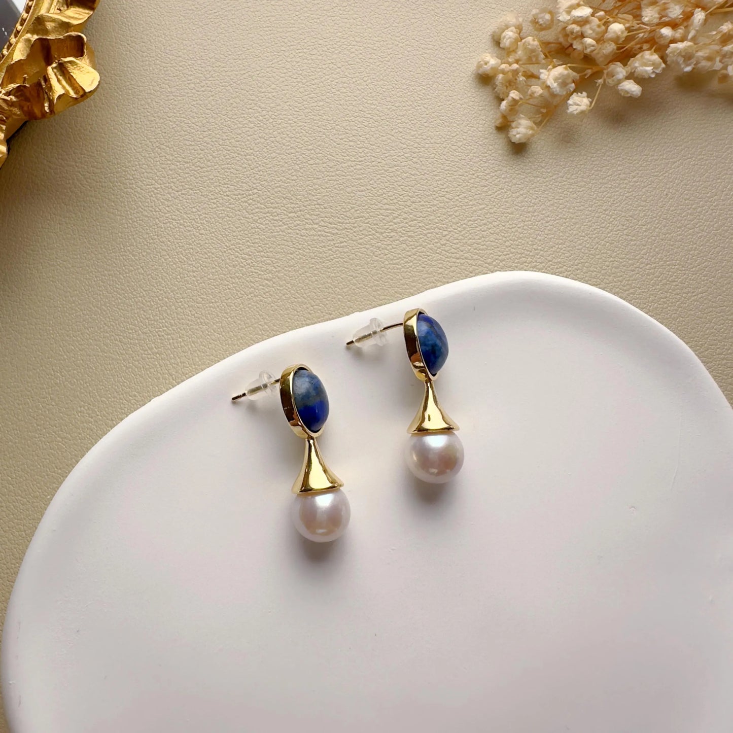 Handmade Gold Lapis Lazuli Pearl Drop Earrings - Crafted with Brass