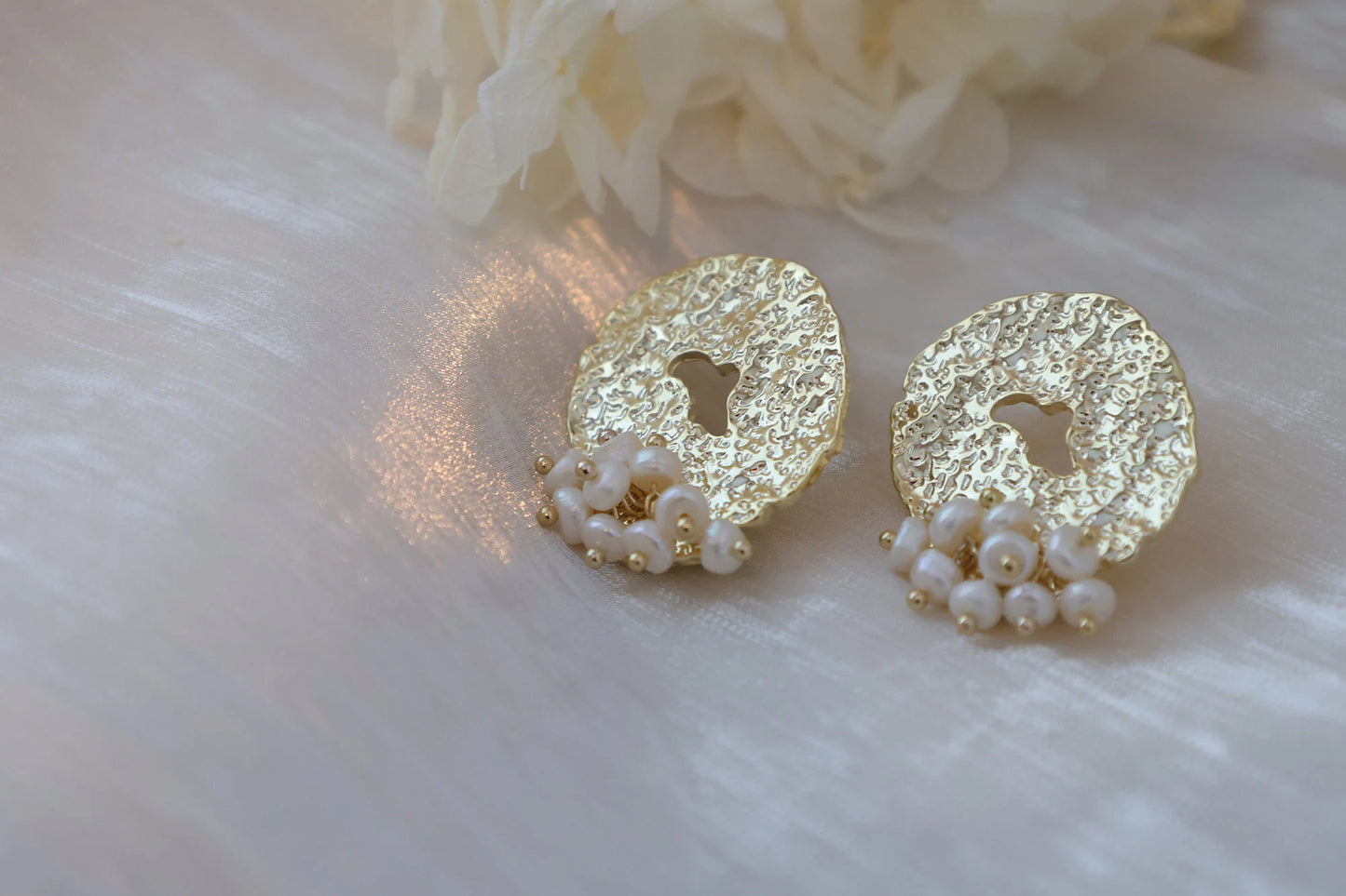 Gold Foil & Rice Pearl Statement Earrings