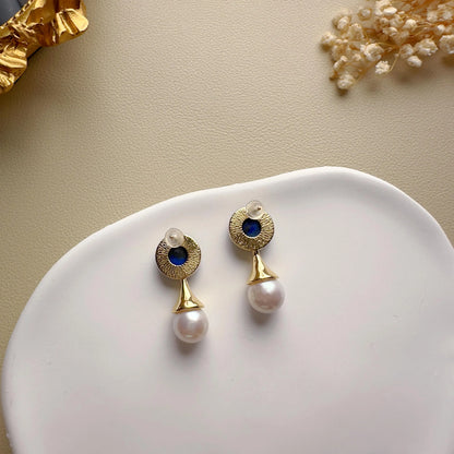 Handmade Gold Lapis Lazuli Pearl Drop Earrings - Crafted with Brass