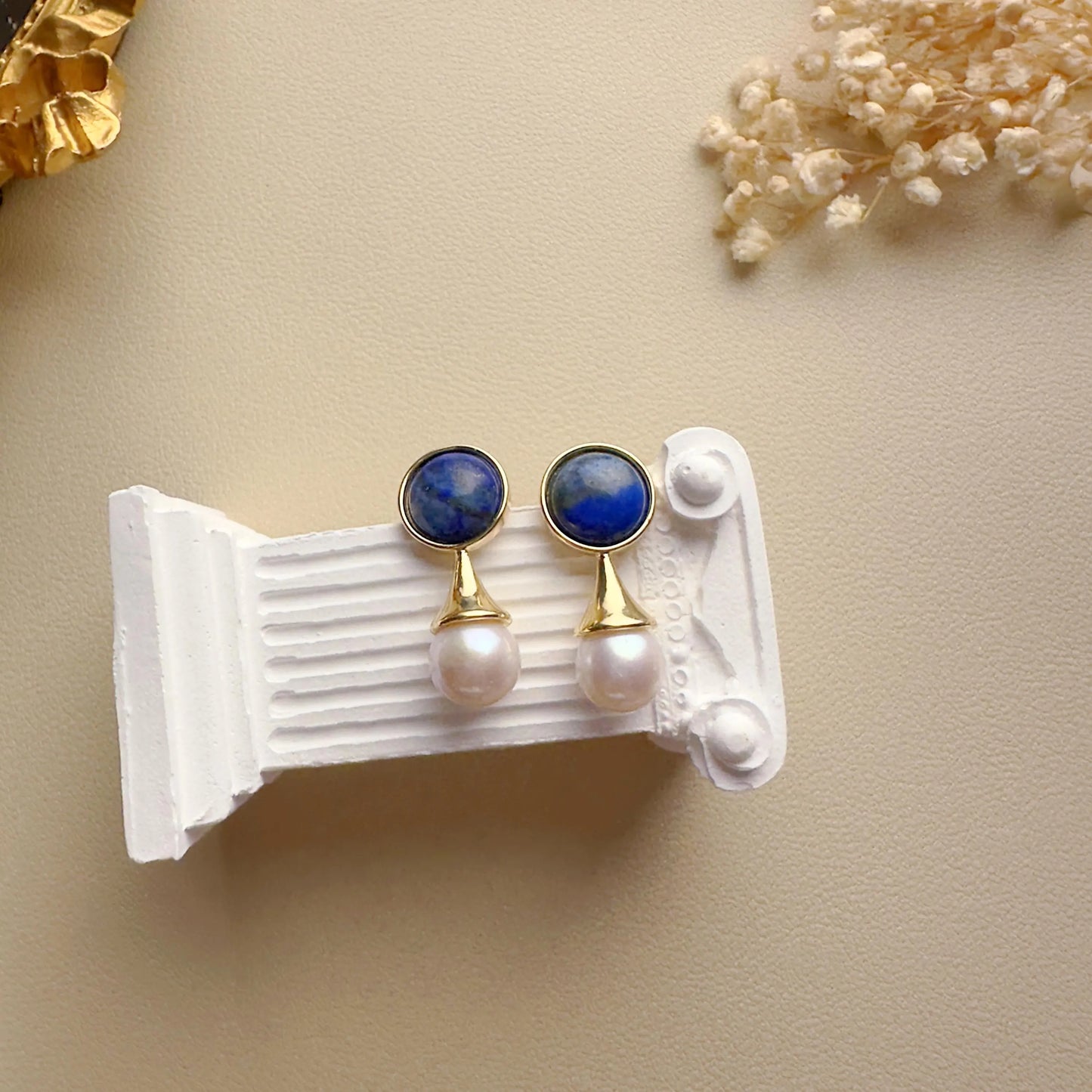 Handmade Gold Lapis Lazuli Pearl Drop Earrings - Crafted with Brass