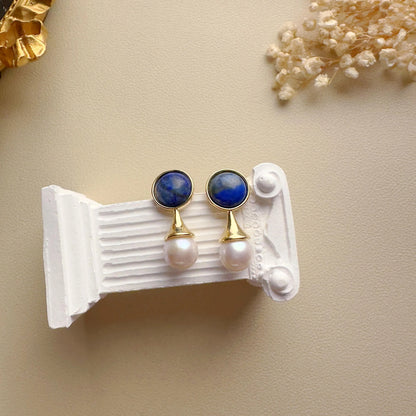 Handmade Gold Lapis Lazuli Pearl Drop Earrings - Crafted with Brass
