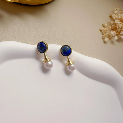 Handmade Gold Lapis Lazuli Pearl Drop Earrings - Crafted with Brass