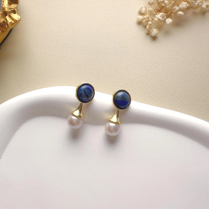 Handmade Gold Lapis Lazuli Pearl Drop Earrings - Crafted with Brass