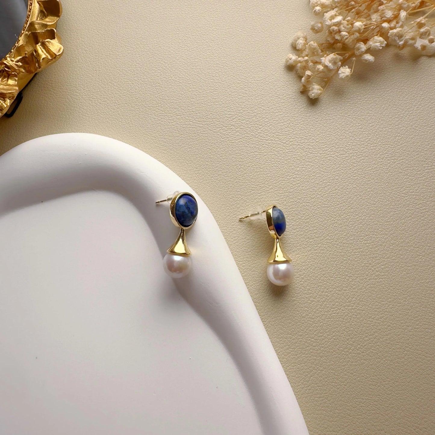 Handmade Gold Lapis Lazuli Pearl Drop Earrings - Crafted with Brass