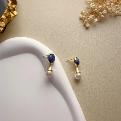 Handmade Gold Lapis Lazuli Pearl Drop Earrings - Crafted with Brass