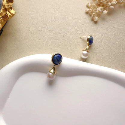 Handmade Gold Lapis Lazuli Pearl Drop Earrings - Crafted with Brass