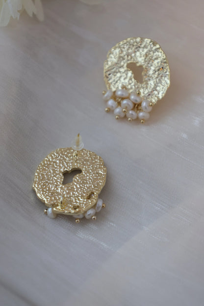 Gold Foil & Rice Pearl Statement Earrings