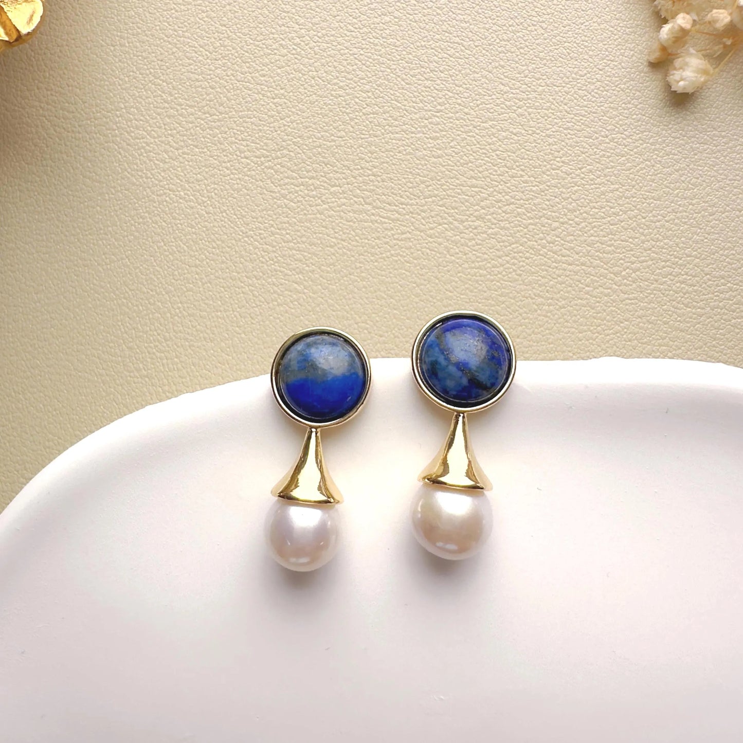 Handmade Gold Lapis Lazuli Pearl Drop Earrings - Crafted with Brass