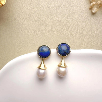 Handmade Gold Lapis Lazuli Pearl Drop Earrings - Crafted with Brass