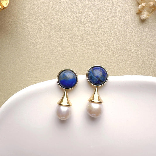 Handmade Gold Lapis Lazuli Pearl Drop Earrings - Crafted with Brass