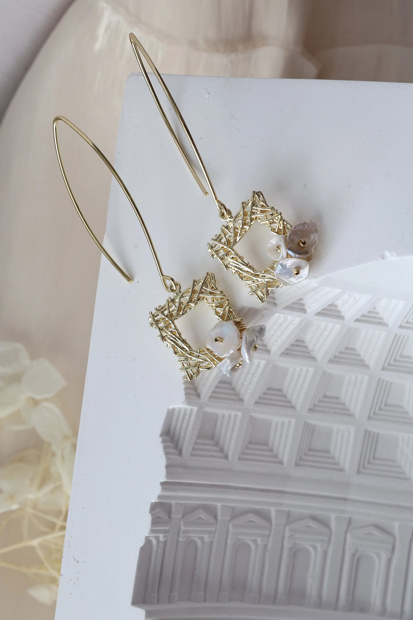Thorn Frame Natural Pearl Earrings, Gold Drop & Dangle Earrings