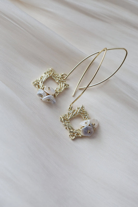 Thorn Frame Natural Pearl Earrings, Gold Drop & Dangle Earrings