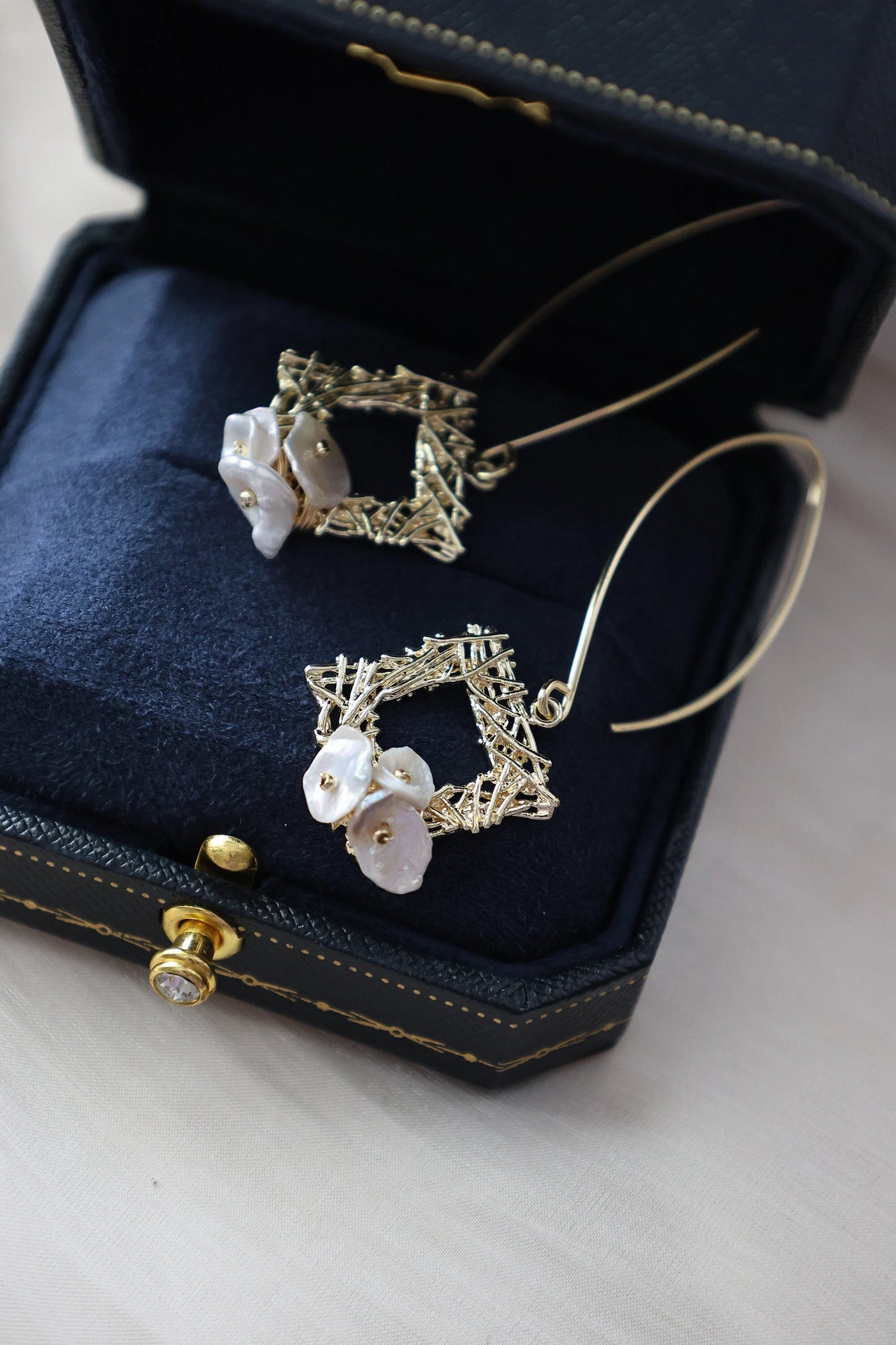 Thorn Frame Natural Pearl Earrings, Gold Drop & Dangle Earrings