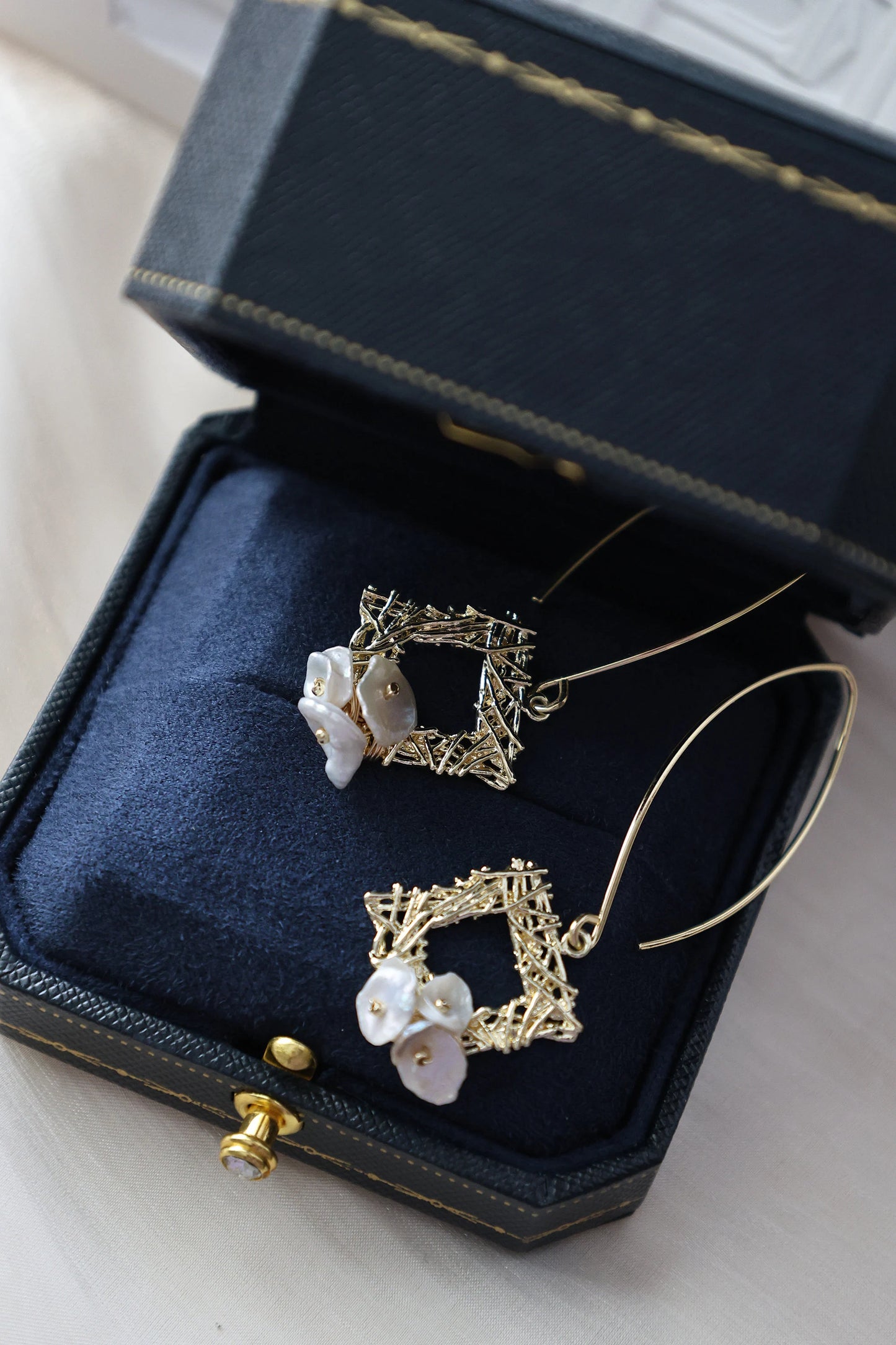 Thorn Frame Natural Pearl Earrings, Gold Drop & Dangle Earrings