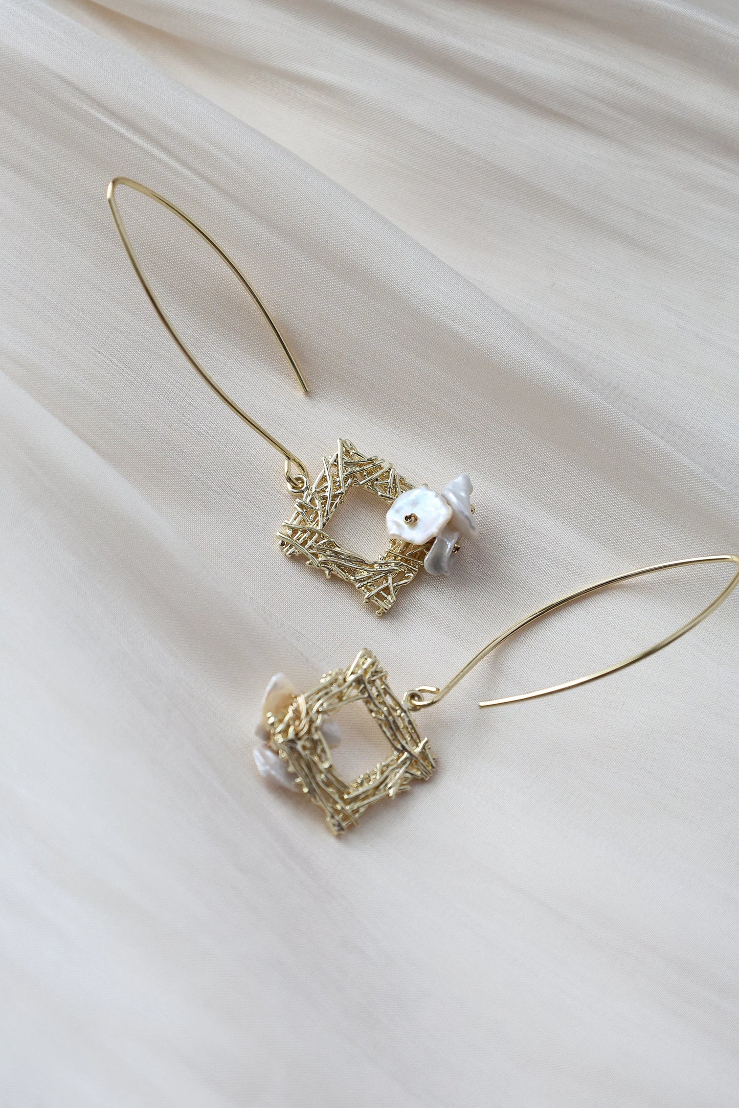 Thorn Frame Natural Pearl Earrings, Gold Drop & Dangle Earrings